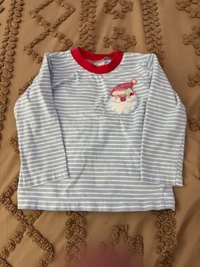 Children's Blue & White Stripe Long Sleeve Tee with Red Trim and Santa Patch
